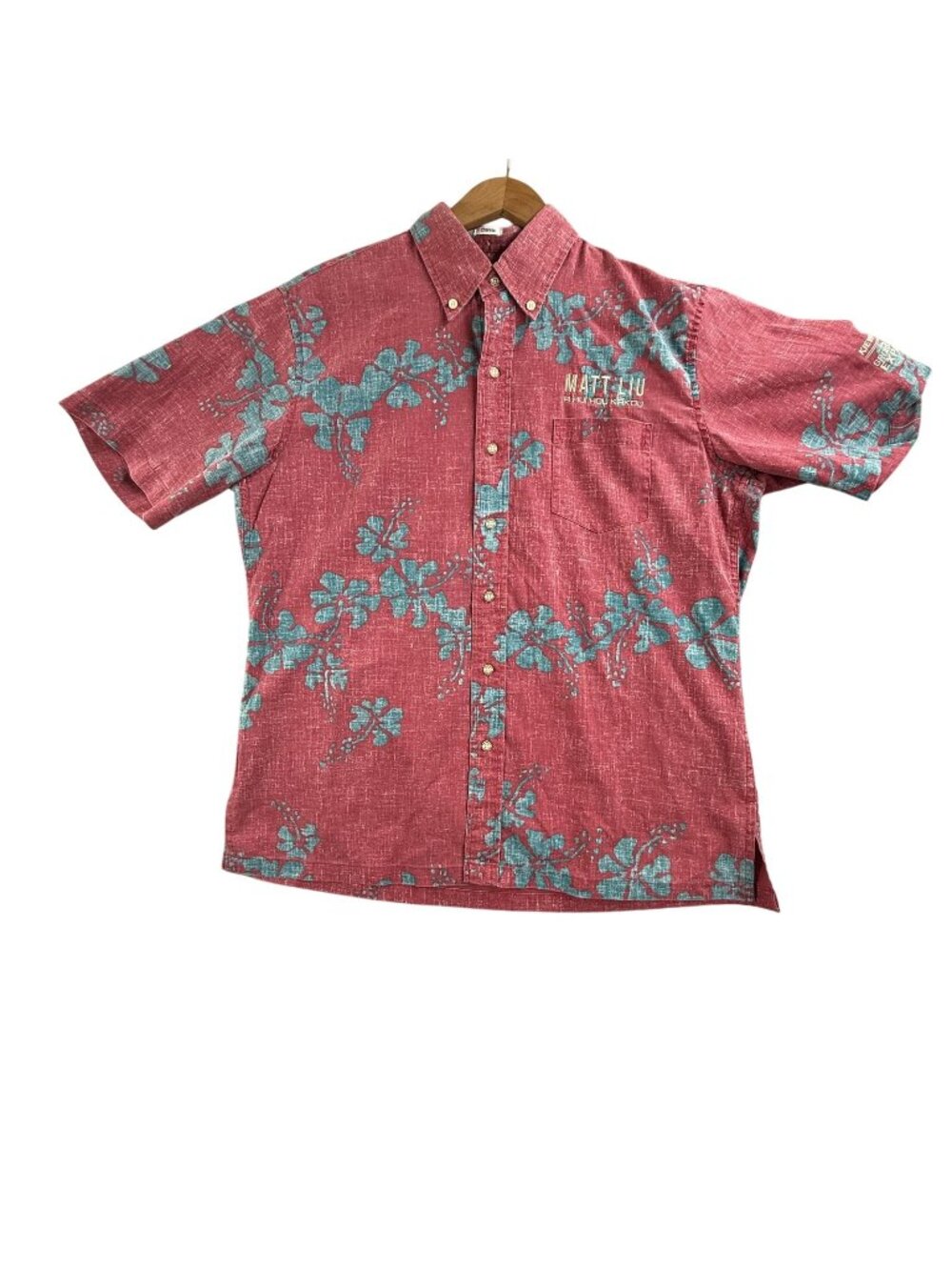 Reyn Spooner Shirt Mens Medium Red Floral Hawaiian Button Up Short Sleeve AOP